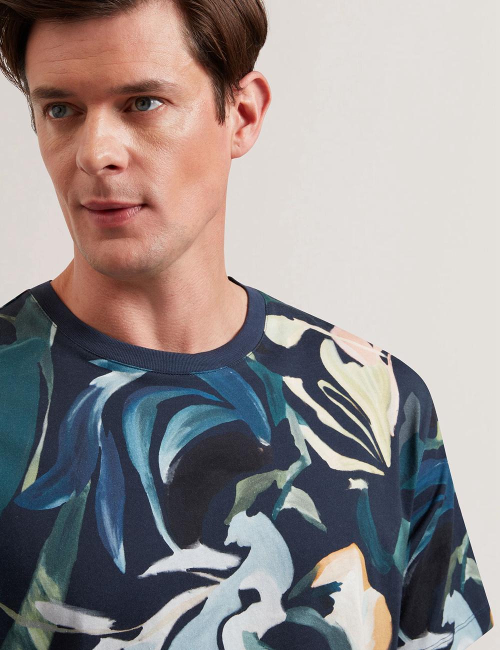 Men Ted Baker ALMOI - Floral Print Pure Cotton T-Shirts Black | Egypt  BCGFZ-4029