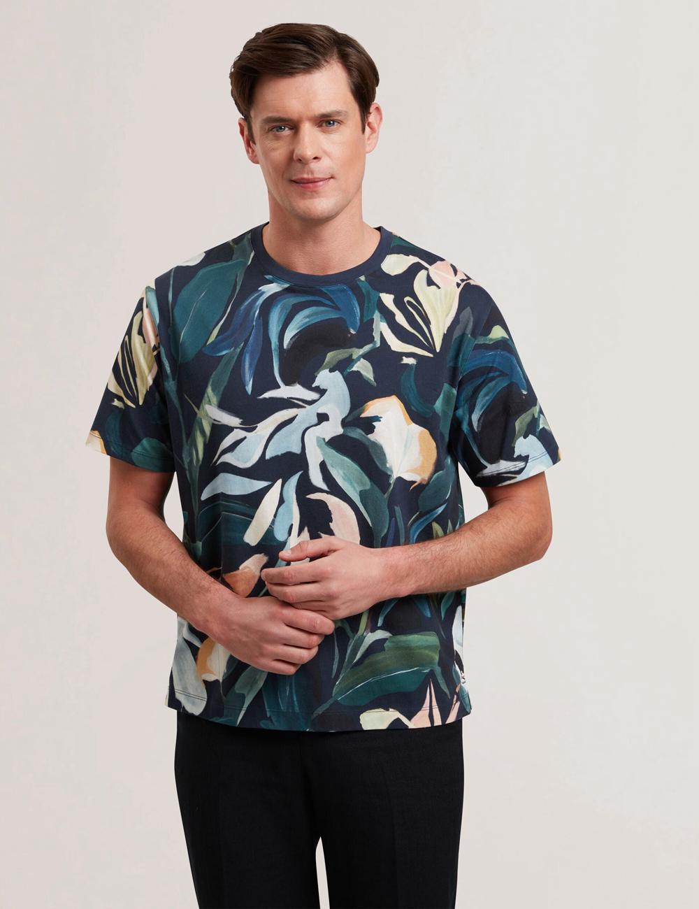 Men Ted Baker ALMOI - Floral Print Pure Cotton T-Shirts Black | Egypt  BCGFZ-4029