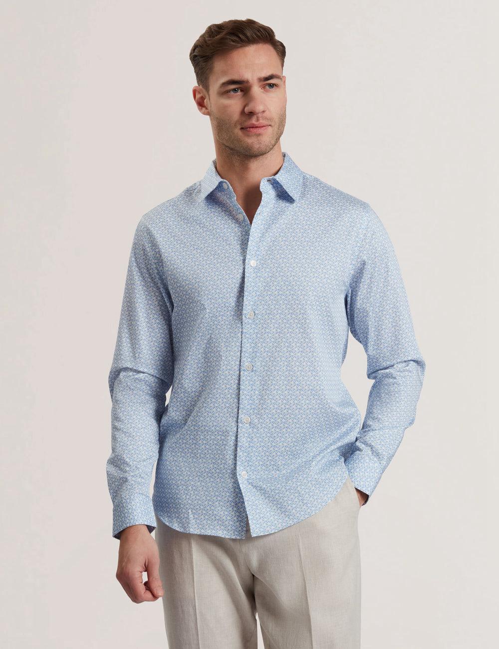 Men Ted Baker ALPHAIS - Regular Fit Geometric Pure Cotton Casual Shirts Mid-Blue | Egypt  XOCBE-2653