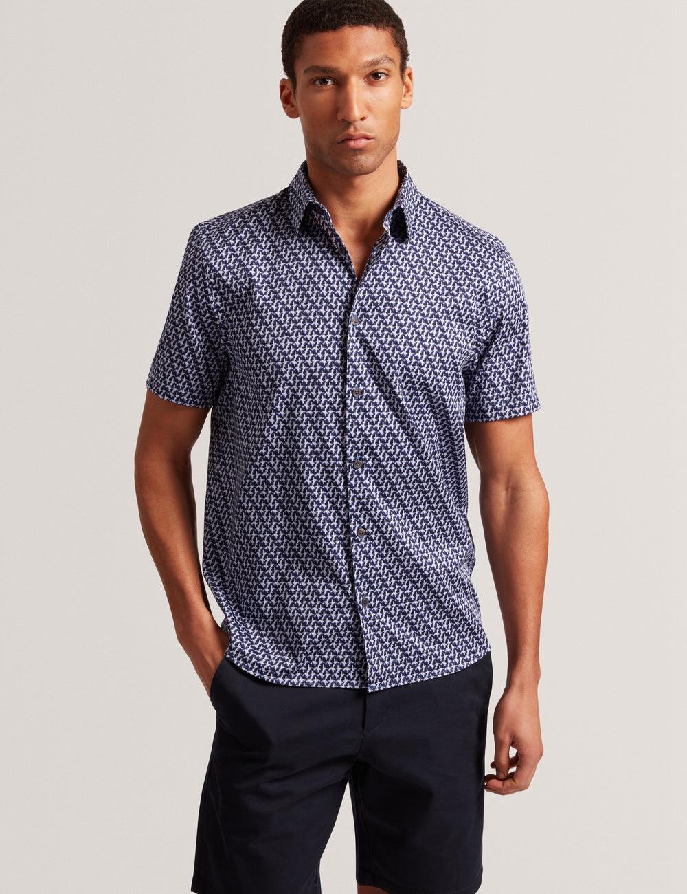 Men Ted Baker ALPHSO SS Regular Fit Geo Casual Shirts Navy | Egypt  OBYSD-3568