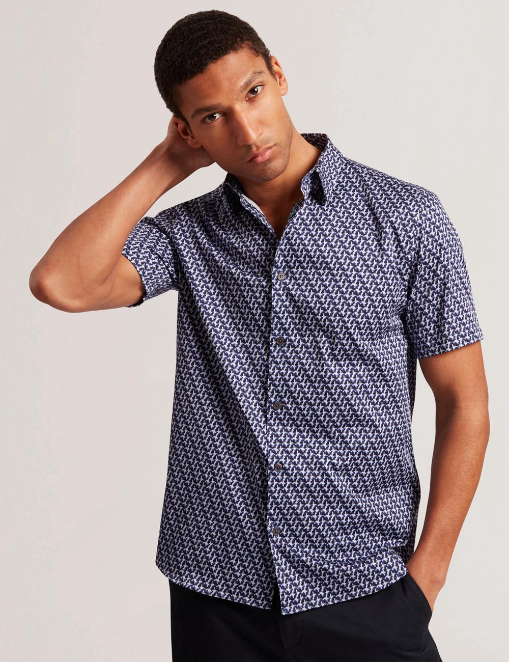 Men Ted Baker ALPHSO SS Regular Fit Geo Casual Shirts Navy | Egypt  OBYSD-3568
