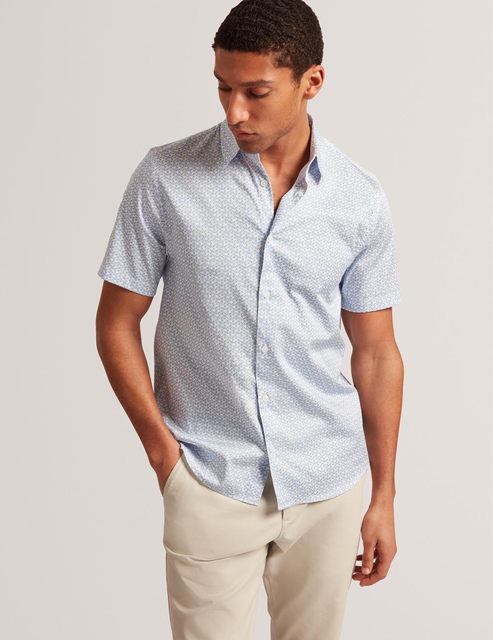 Men Ted Baker ALPHSO - SS Regular Fit Geo Casual Shirts Mid-Blue | Egypt  OFIGA-1572