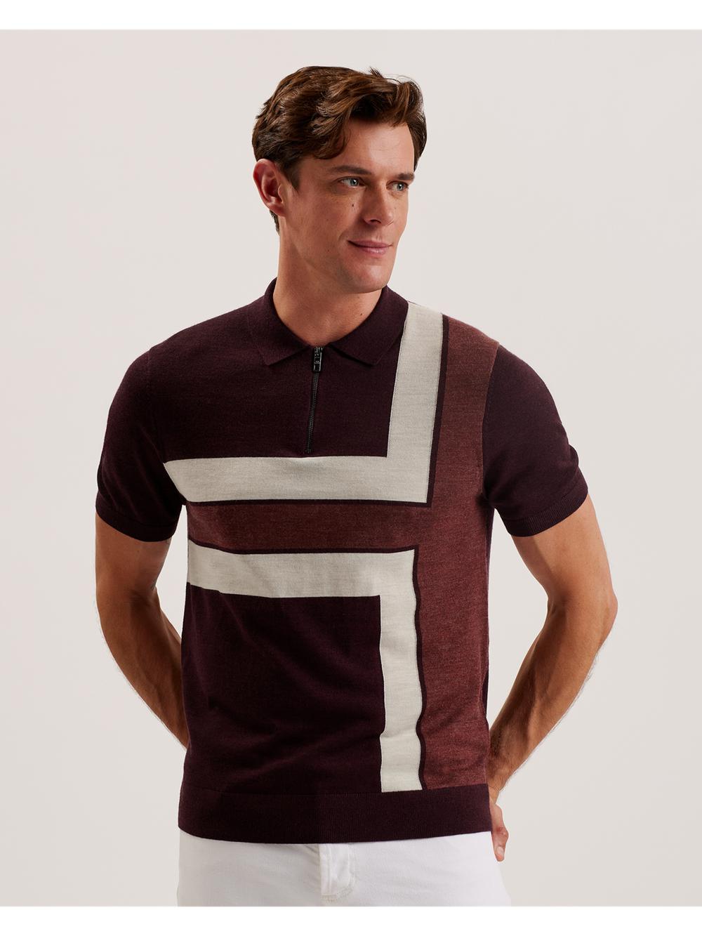 Men Ted Baker AMBLER - Colour Block Zip Neck Wool Polos Shirts Maroon | Egypt  OPMNQ-1534