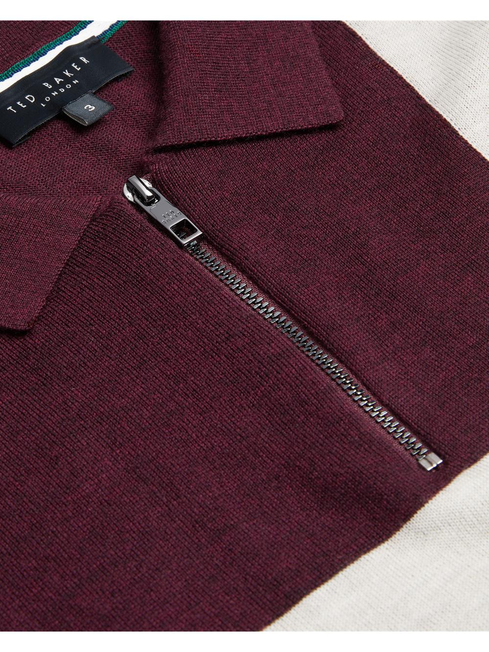 Men Ted Baker AMBLER - Colour Block Zip Neck Wool Polos Shirts Maroon | Egypt  OPMNQ-1534