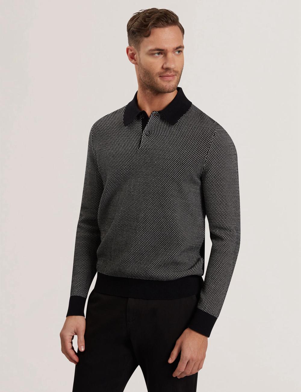 Men Ted Baker ARDO - Textured Knit Long Sleeve Polos Shirts Black | Egypt  KRTMX-3026