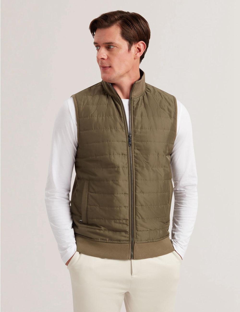 Men Ted Baker ATHO - Quilted Funnel Neck Zip-Up Gillets Olive | Egypt  GIVDN-0863