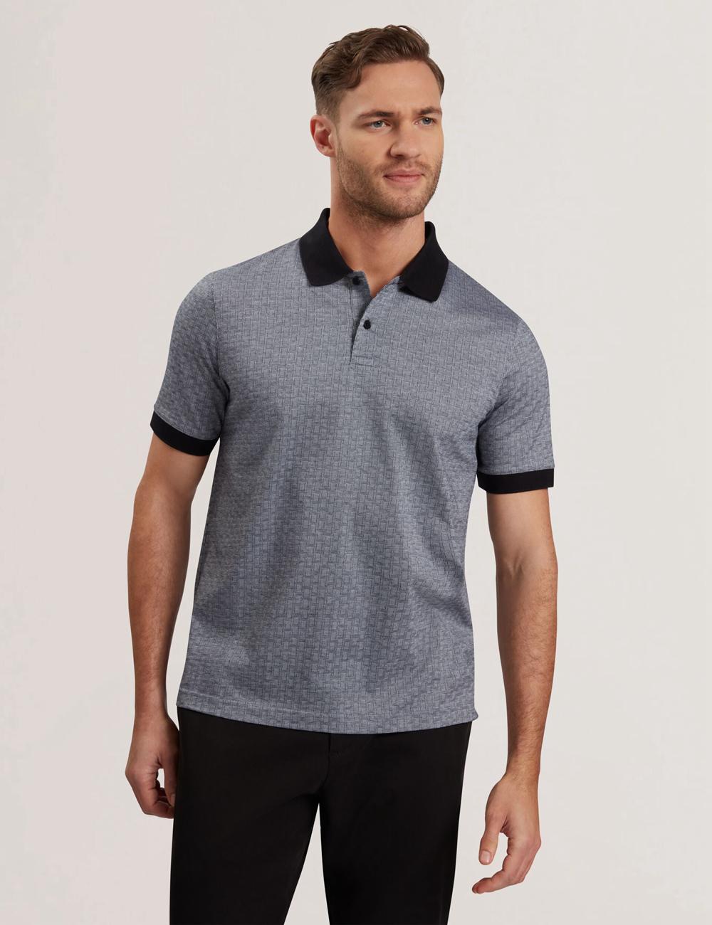 Men Ted Baker AUGUSO - Textured Jacquard Cotton Polos Shirts Navy | Egypt  MLWTR-9758