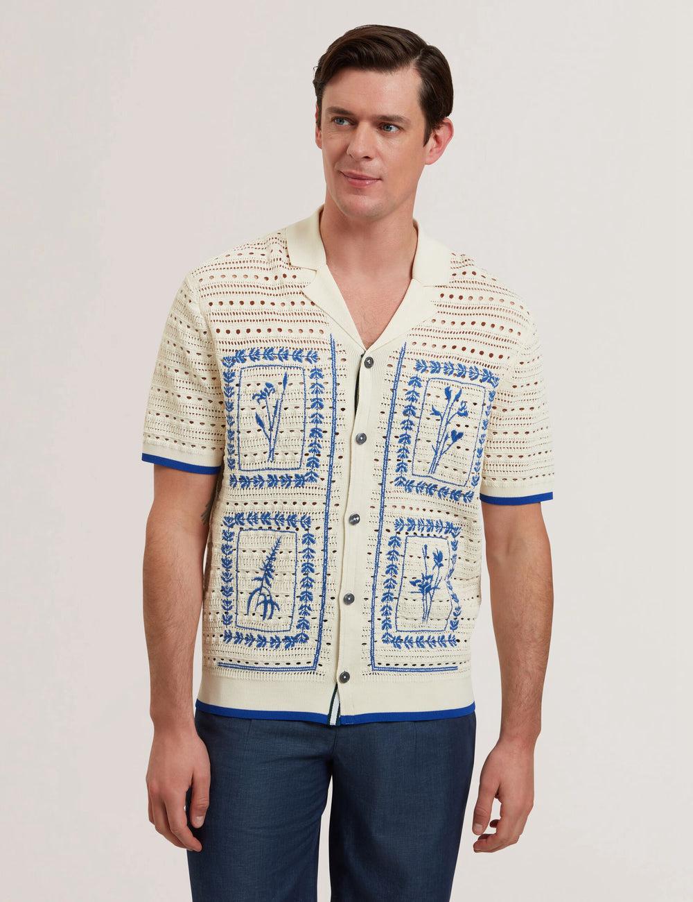 Men Ted Baker BARRI - Short Sleeve Crochet Embroidered Casual Shirts Ecru | Egypt  VGHBF-0763