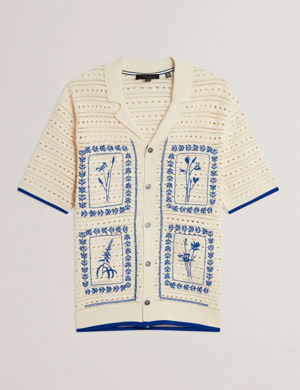 Men Ted Baker BARRI - Short Sleeve Crochet Embroidered Casual Shirts Ecru | Egypt  VGHBF-0763