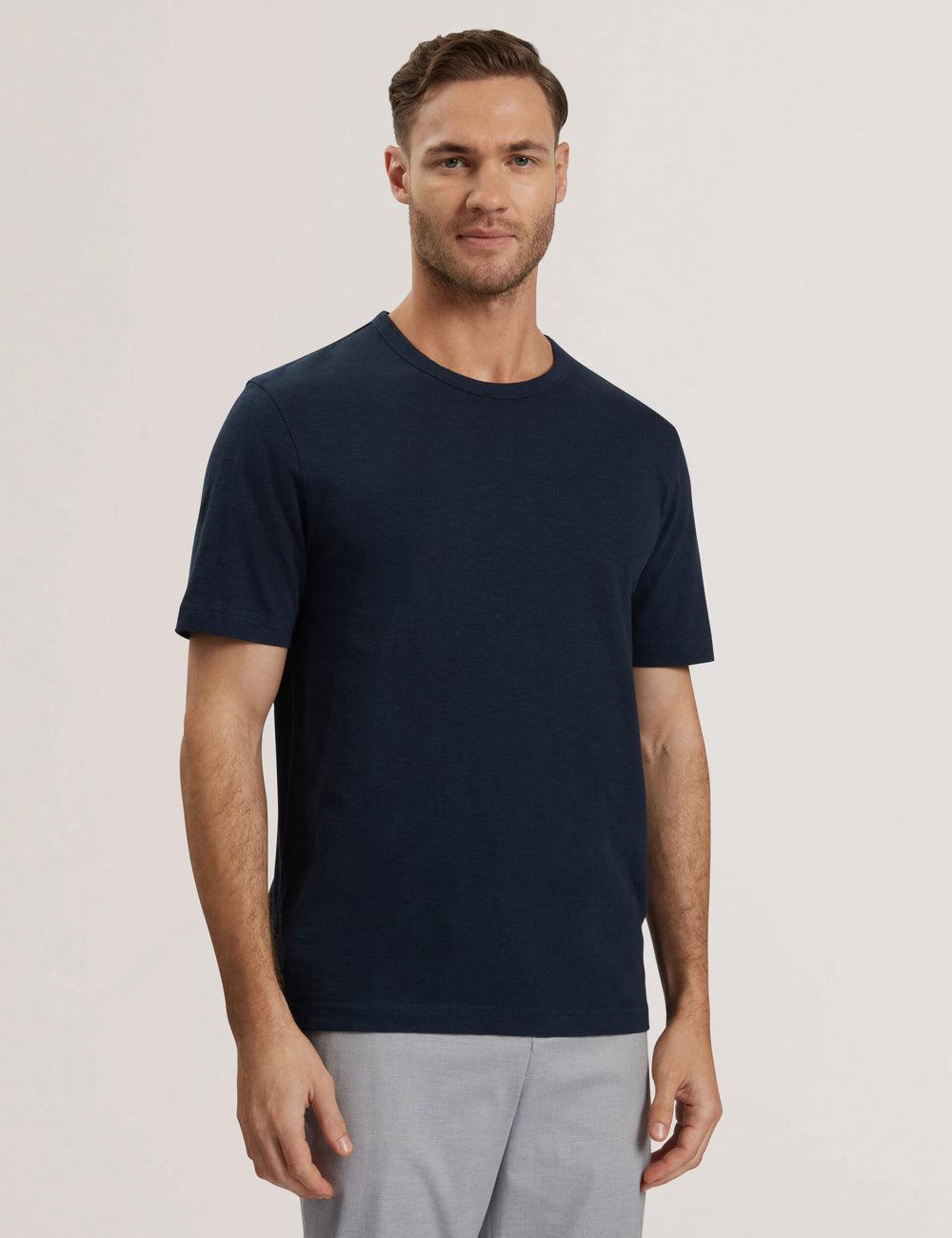 Men Ted Baker BARTOL - Regular Cotton Linen Crew Neck T-Shirts Navy | Egypt  QBMAE-7921