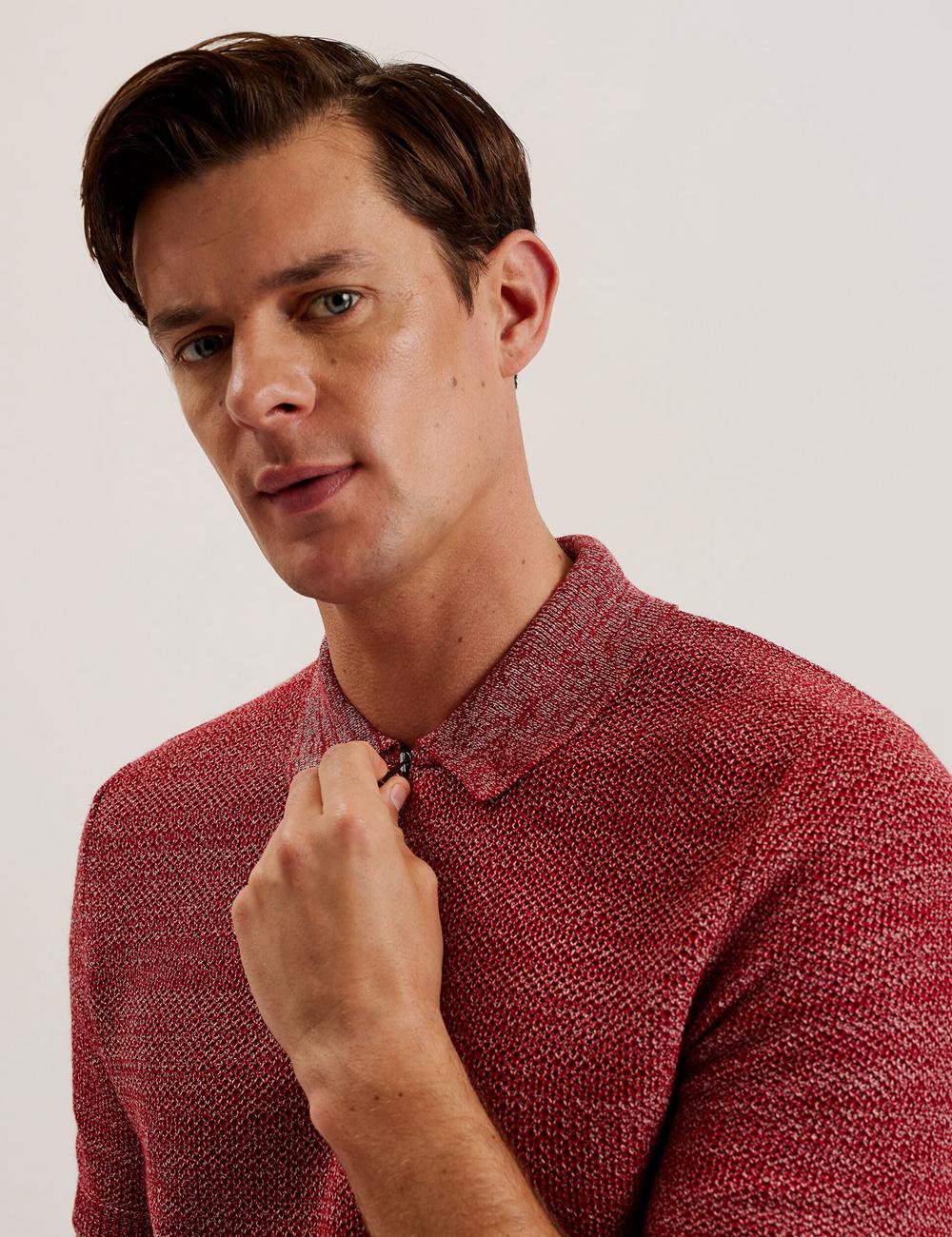 Men Ted Baker BLOSSAM - Space Dye Zip Neck Polos Shirts Red | Egypt  TLYUG-9624