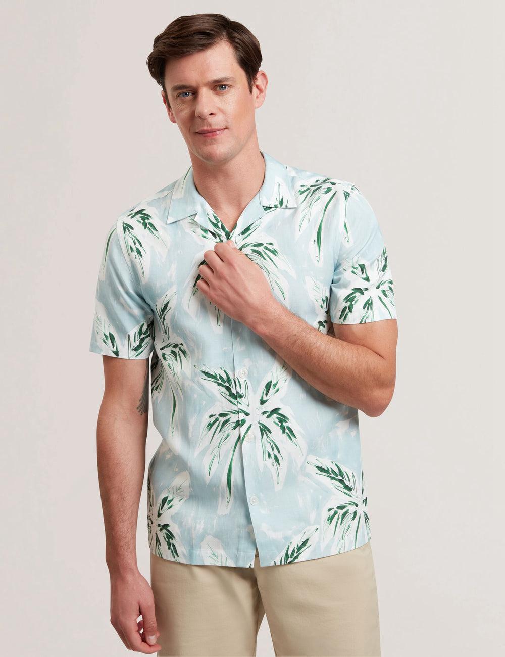 Men Ted Baker BOCHE - Short Sleeve Regular Tropical Palm Tree Casual Shirts Green | Egypt  WNQEX-8415