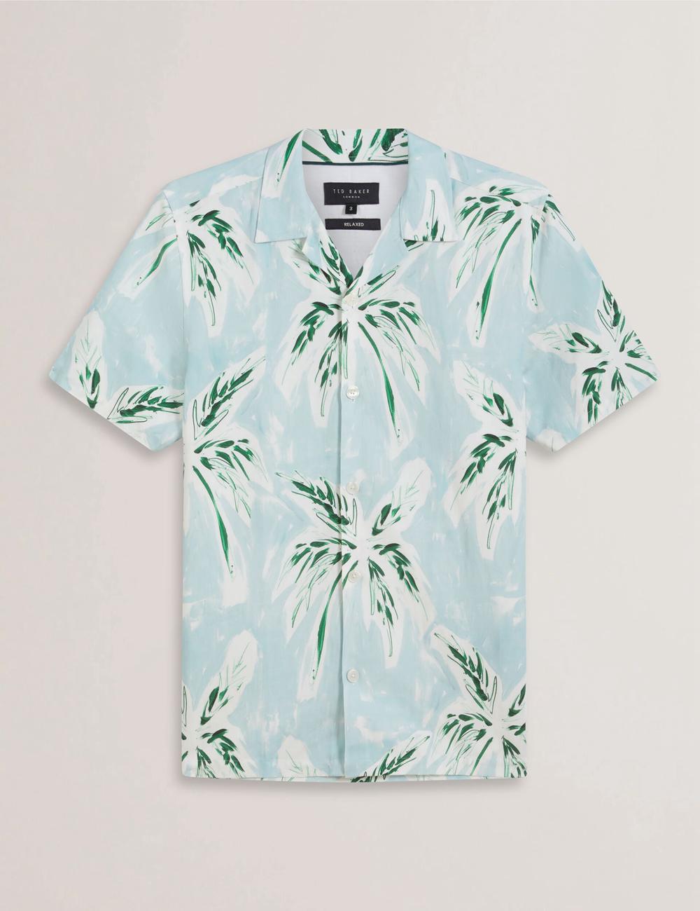 Men Ted Baker BOCHE - Short Sleeve Regular Tropical Palm Tree Casual Shirts Green | Egypt  WNQEX-8415