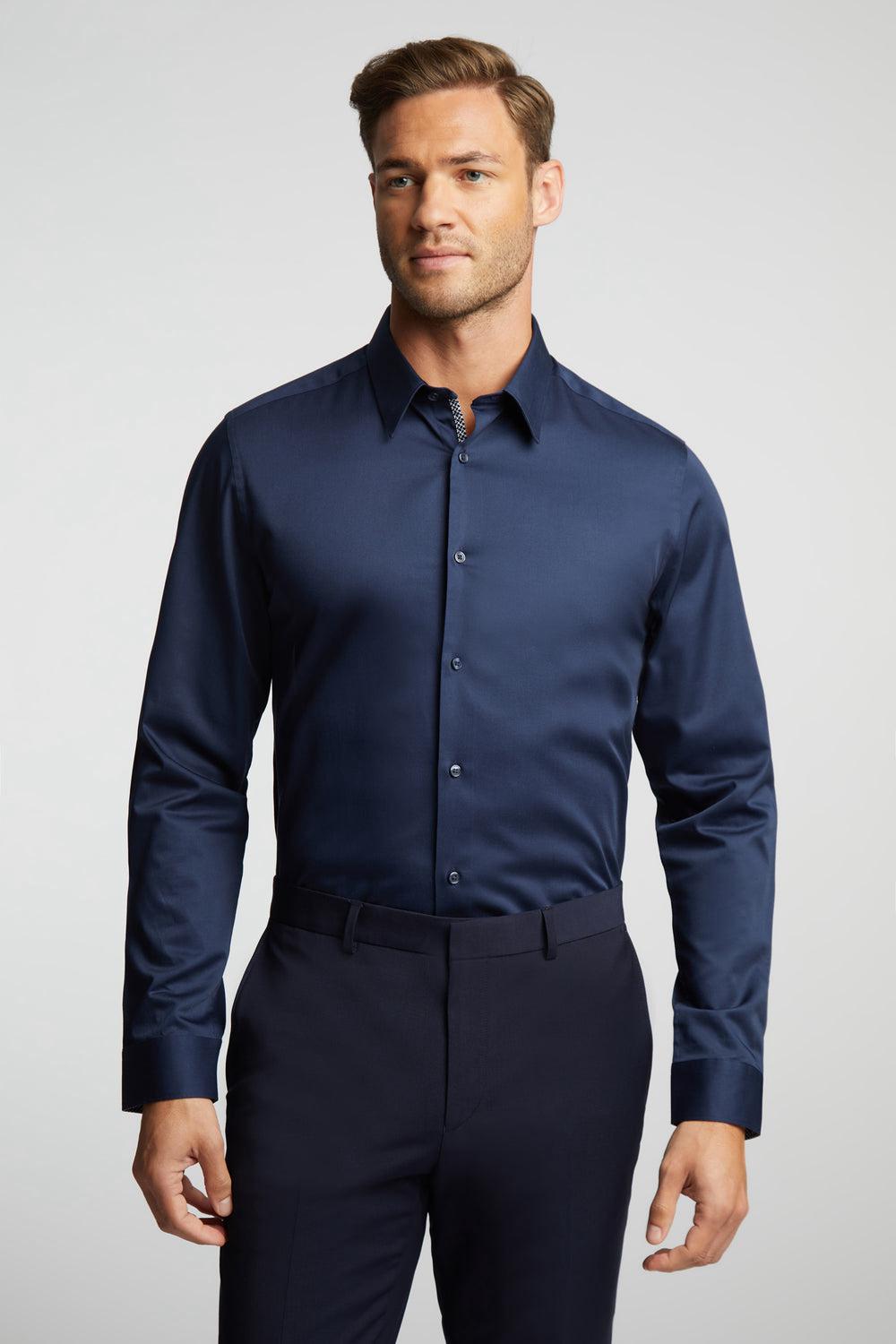 Men Ted Baker DUDDON - Navy Slim Fit Long Sleeve Cotton Formal Shirts Navy | Egypt  WTSYQ-1456