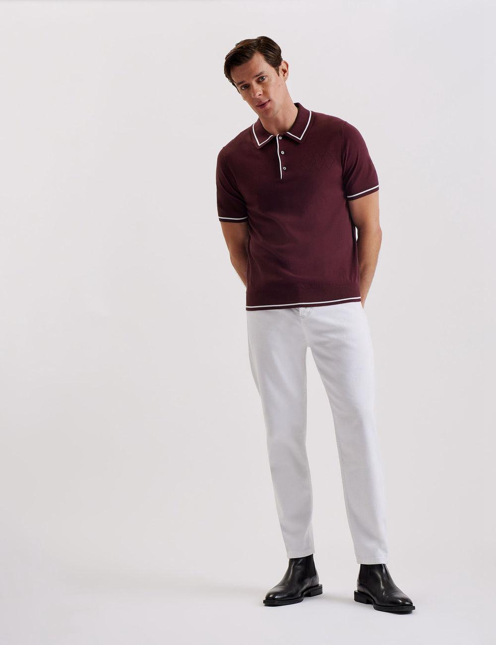 Men Ted Baker DUNOW - Pointelle Detail Striped Trim Polos Shirts Maroon | Egypt  VBNFO-6498