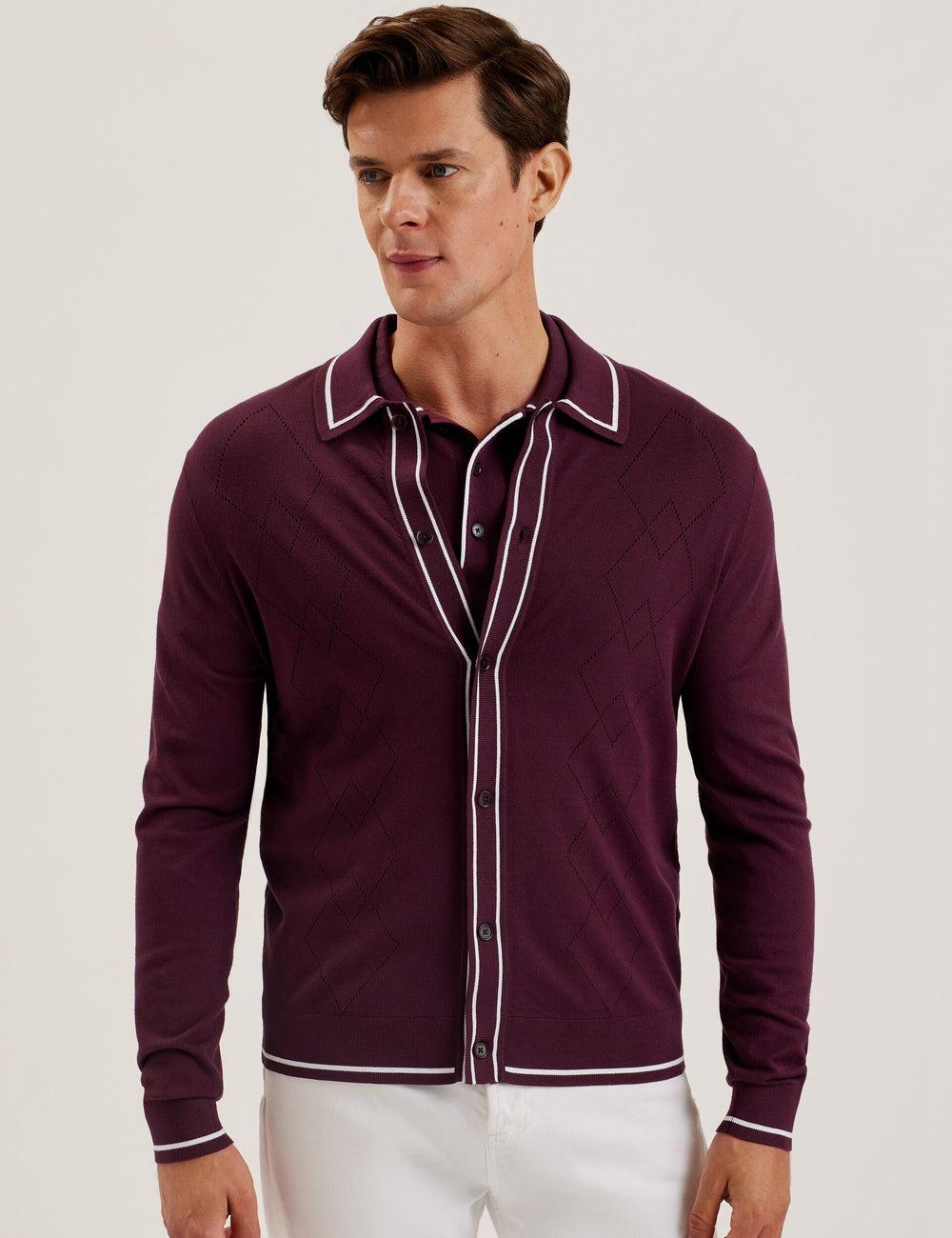 Men Ted Baker ELMDON - Pointelle Diamond Knitted Long Sleeve Casual Shirts Maroon | Egypt  ONHZX-0713
