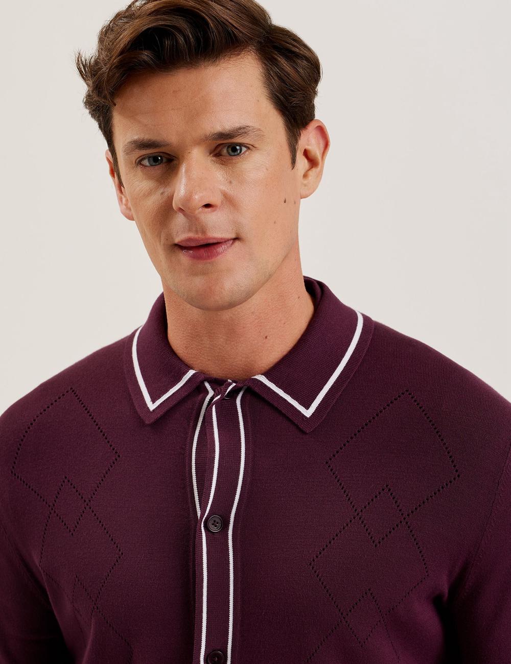Men Ted Baker ELMDON - Pointelle Diamond Knitted Long Sleeve Casual Shirts Maroon | Egypt  ONHZX-0713
