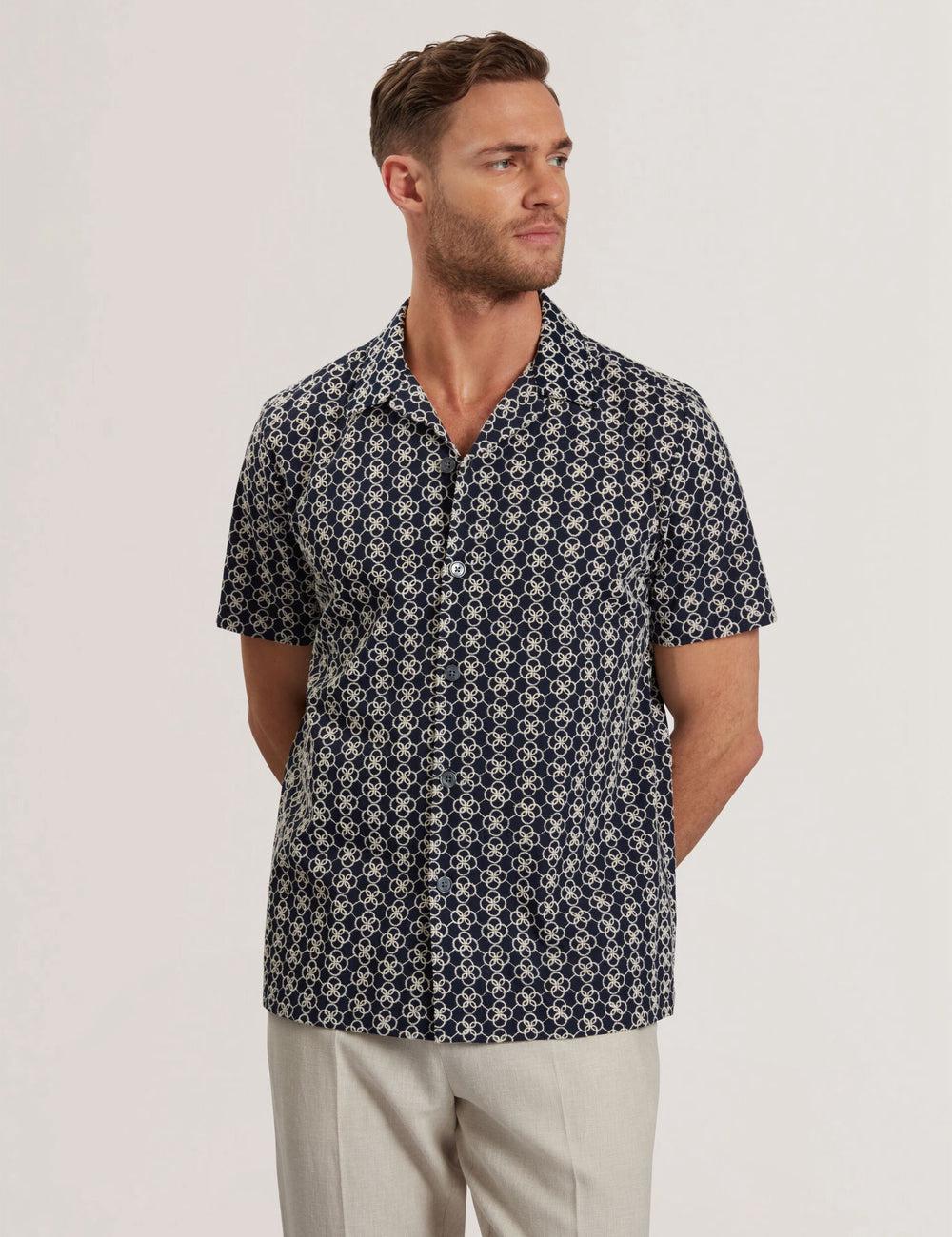 Men Ted Baker FINLAYS - Short Sleeve Relaxed Embroidered Casual Shirts Navy | Egypt  WHSYK-4297