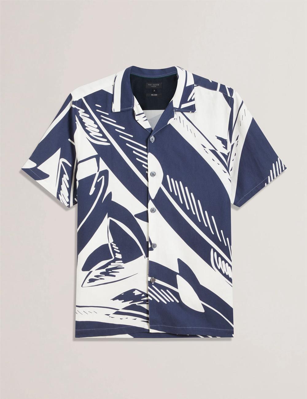 Men Ted Baker HEUKELS - Short Sleeve Relaxed Fish Print Casual Shirts Mid-Navy | Egypt  TQOVE-4826