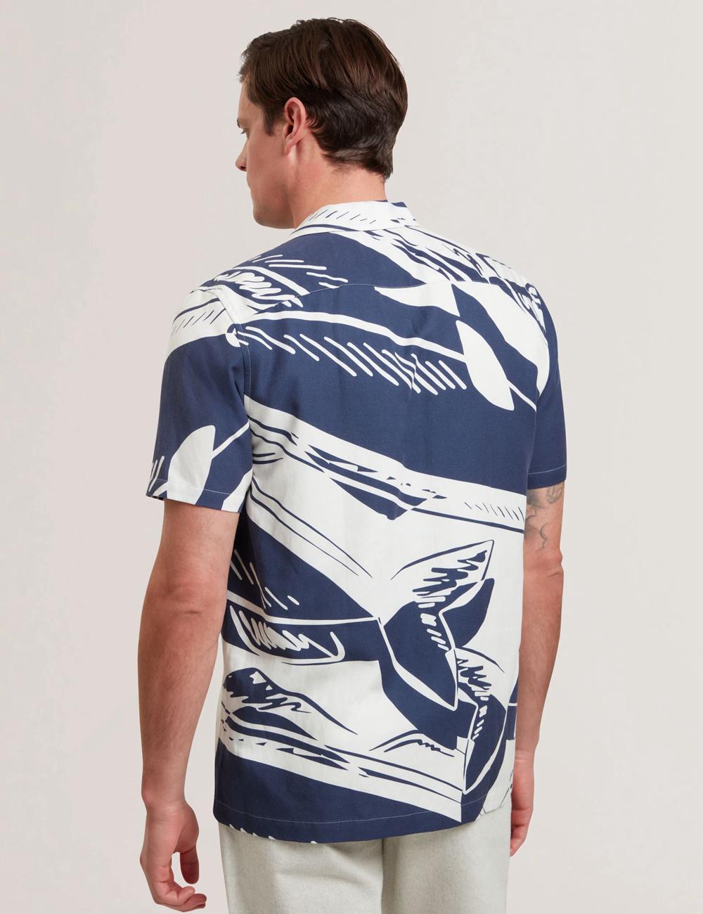 Men Ted Baker HEUKELS - Short Sleeve Relaxed Fish Print Casual Shirts Mid-Navy | Egypt  TQOVE-4826
