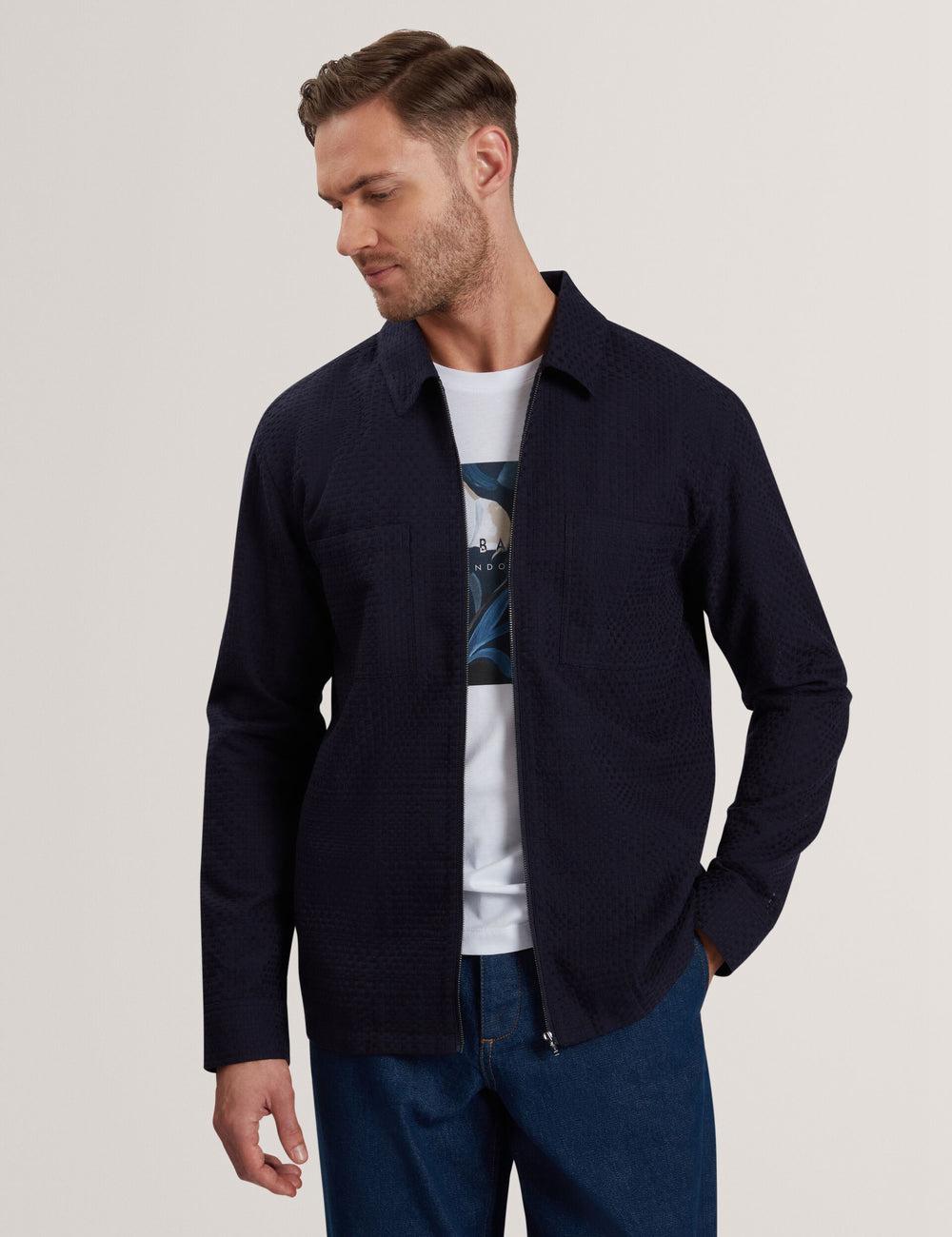 Men Ted Baker KAILINS - Long Sleeve Zip-Through Cotton Overshirt Overshirts Navy | Egypt  PHTDB-5671