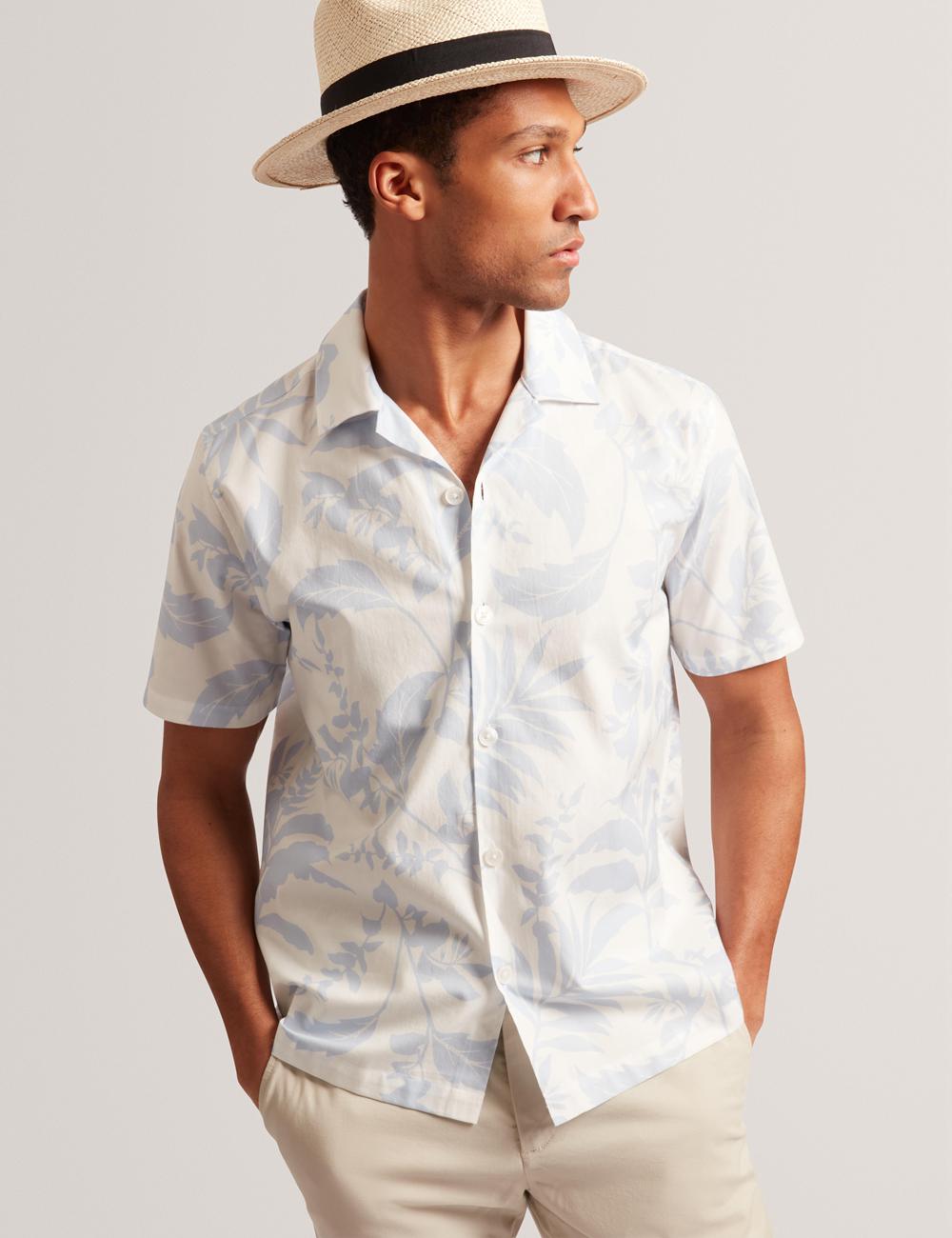 Men Ted Baker KITS - Short Sleeve Relaxed Floral Print Casual Shirts Lt-Blue | Egypt  JMKXU-5946