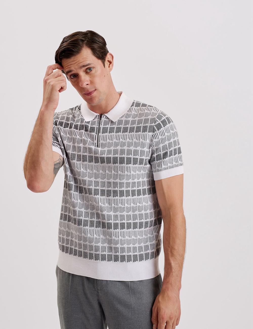 Men Ted Baker LEVERS - Ombre Jacquard Zip Neck Polos Shirts White | Egypt  IZJWU-9687