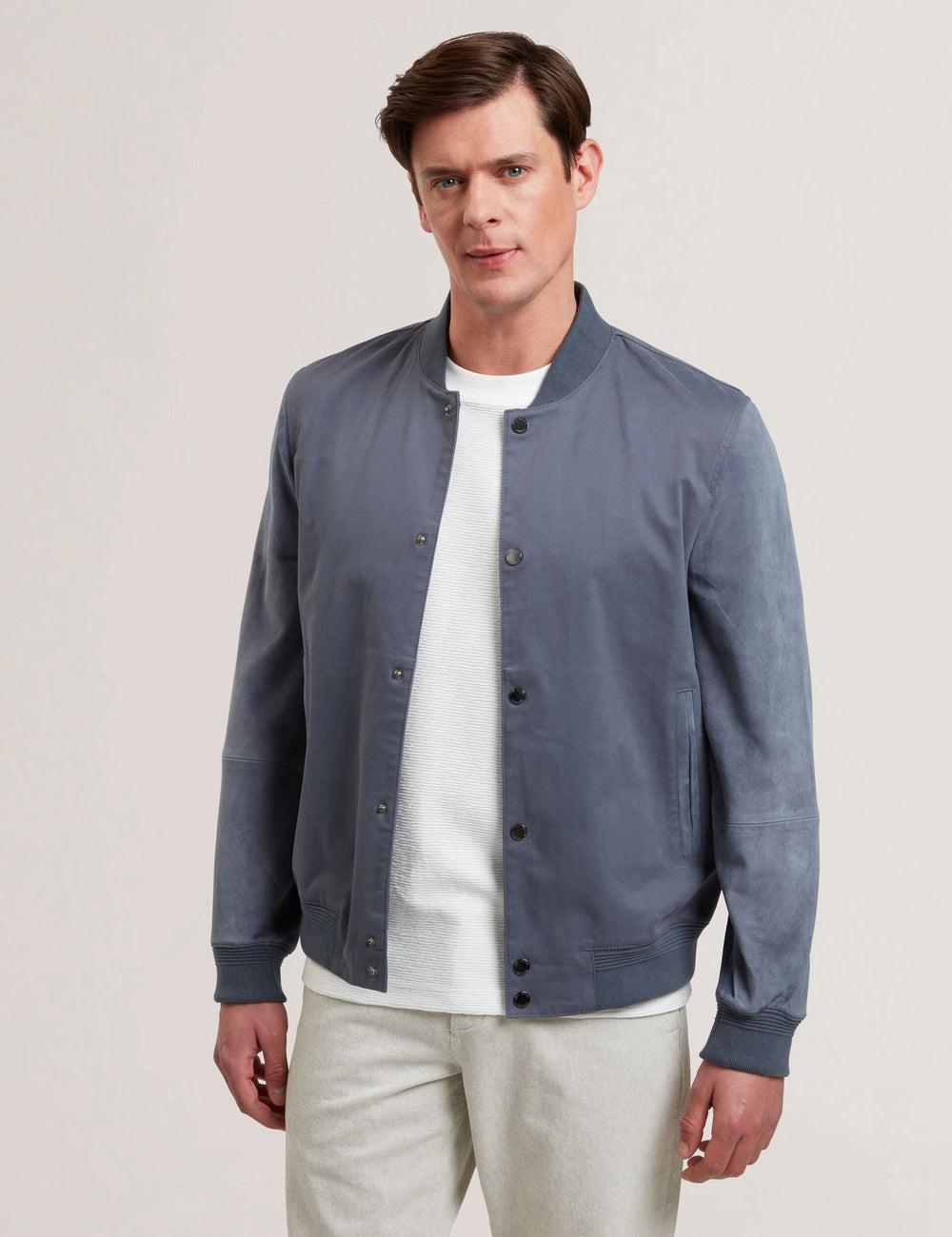 Men Ted Baker LIAMS - Cotton Twill & Suede Bomber Jackets Mid-Blue | Egypt  QURIA-2038