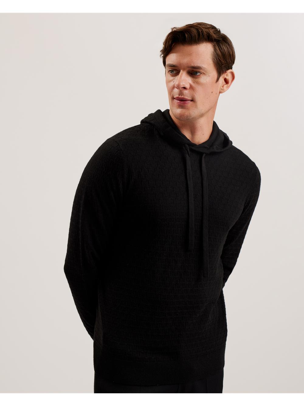 Men Ted Baker LOULAR - Textured T Knit Wool Blend Hoodies Black | Egypt  TROHG-8614