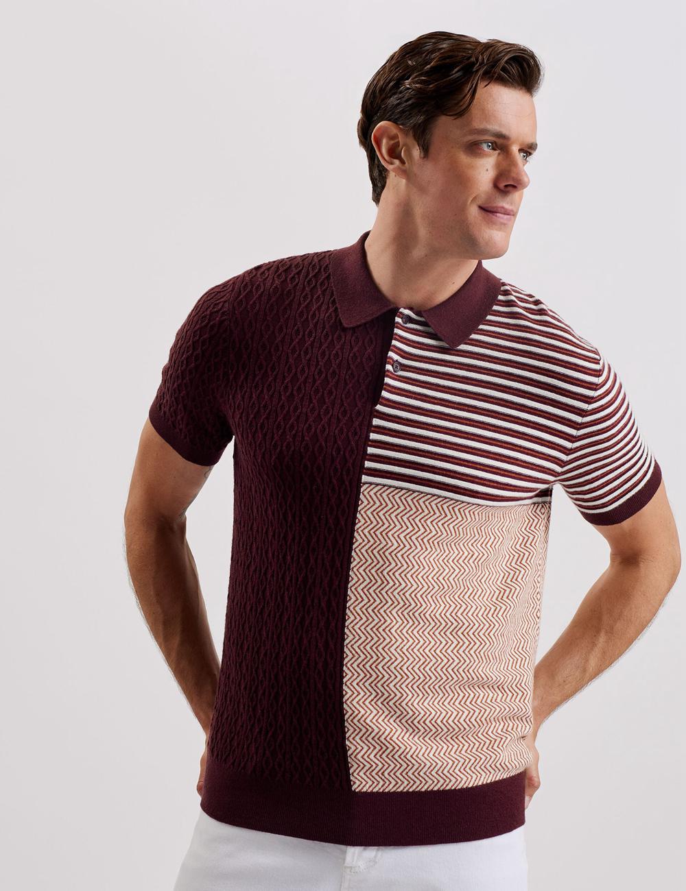 Men Ted Baker MINSTA - Textured Patchwork Knit Polos Shirts Maroon | Egypt  RQPOE-1357
