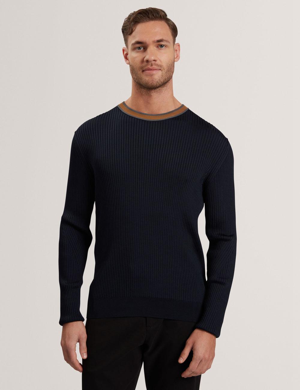 Men Ted Baker NAYOR - Long Sleeve Rayon Ribbed Crew Neck Jumpers Navy | Egypt  BINEK-5243