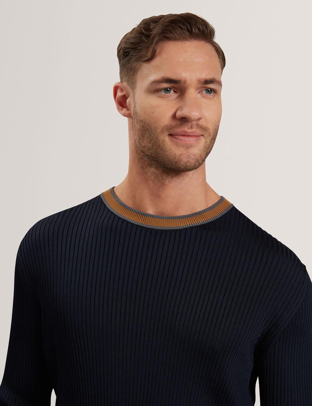 Men Ted Baker NAYOR - Long Sleeve Rayon Ribbed Crew Neck Jumpers Navy | Egypt  BINEK-5243