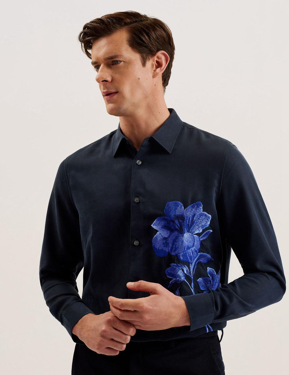 Men Ted Baker NESSMEN - Embroidered Detail Relaxed Fit Casual Shirts Navy | Egypt  UMXFK-0597