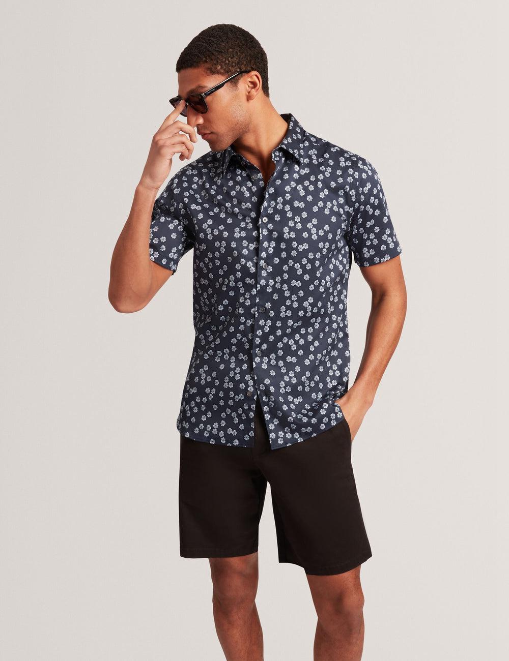 Men Ted Baker NIKSHO - Short Sleeve Slim Ditsy Floral Casual Shirts Navy | Egypt  CQVRE-1265