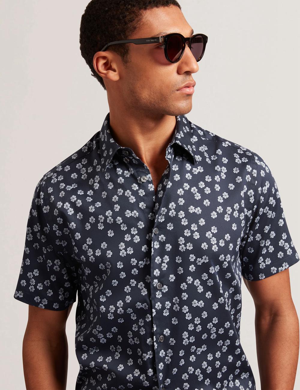 Men Ted Baker NIKSHO - Short Sleeve Slim Ditsy Floral Casual Shirts Navy | Egypt  CQVRE-1265