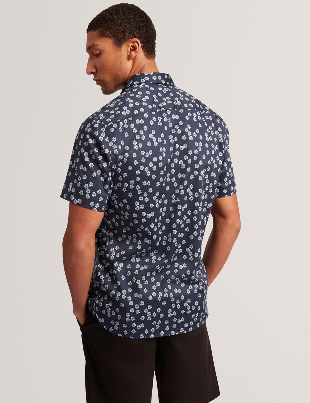 Men Ted Baker NIKSHO - Short Sleeve Slim Ditsy Floral Casual Shirts Navy | Egypt  CQVRE-1265