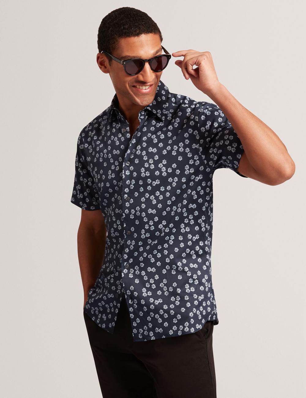 Men Ted Baker NIKSHO - Short Sleeve Slim Ditsy Floral Casual Shirts Navy | Egypt  CQVRE-1265