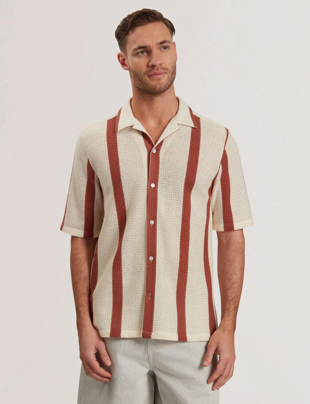 Men Ted Baker NIKS - Short Sleeve Stripe Crochet Oversized Casual Shirts Taupe | Egypt  YGPHR-7186