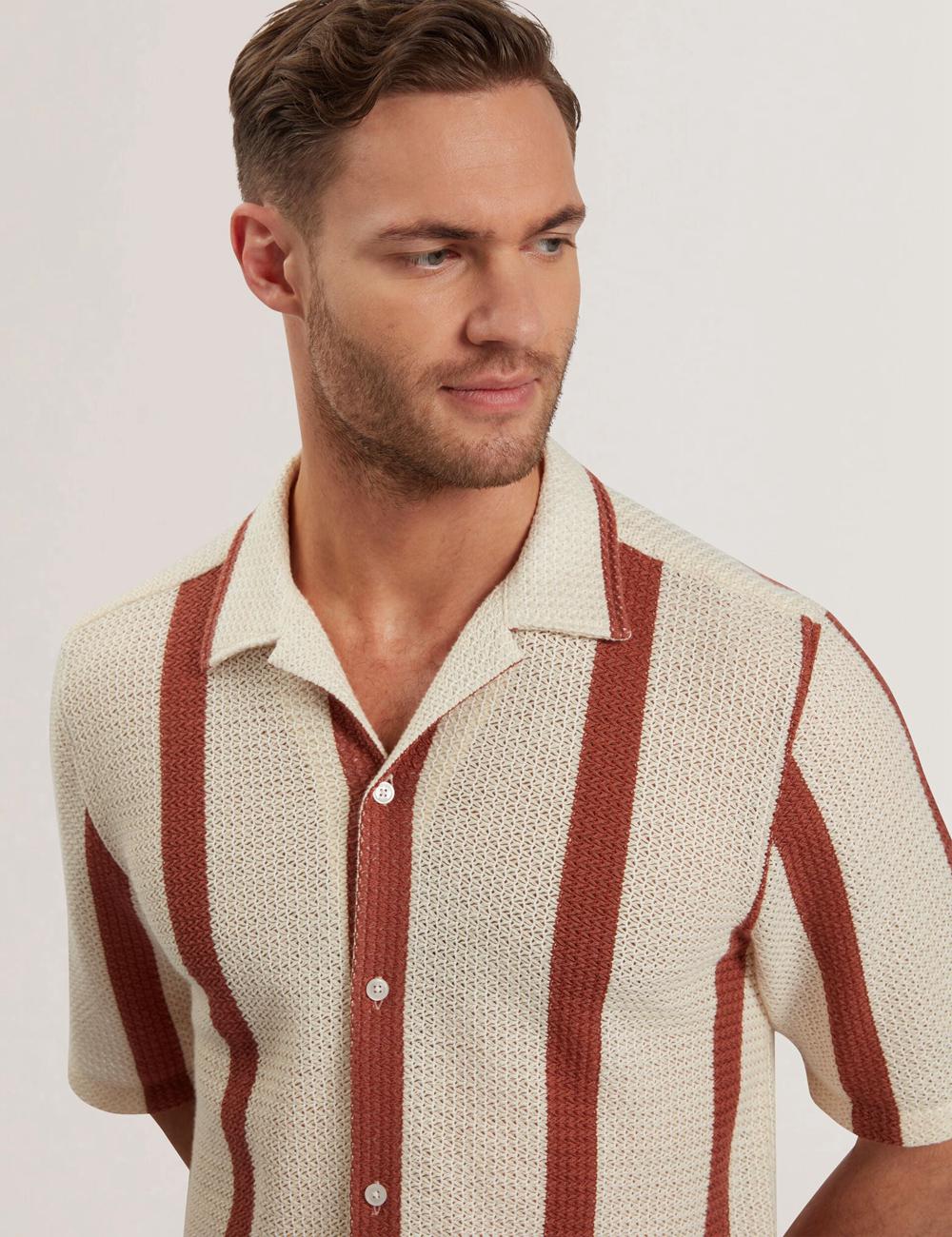 Men Ted Baker NIKS - Short Sleeve Stripe Crochet Oversized Casual Shirts Taupe | Egypt  YGPHR-7186