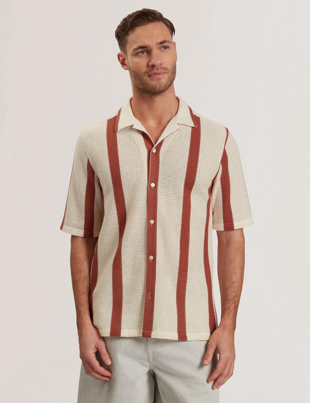 Men Ted Baker NIKS - Short Sleeve Stripe Crochet Oversized Casual Shirts Taupe | Egypt  YGPHR-7186