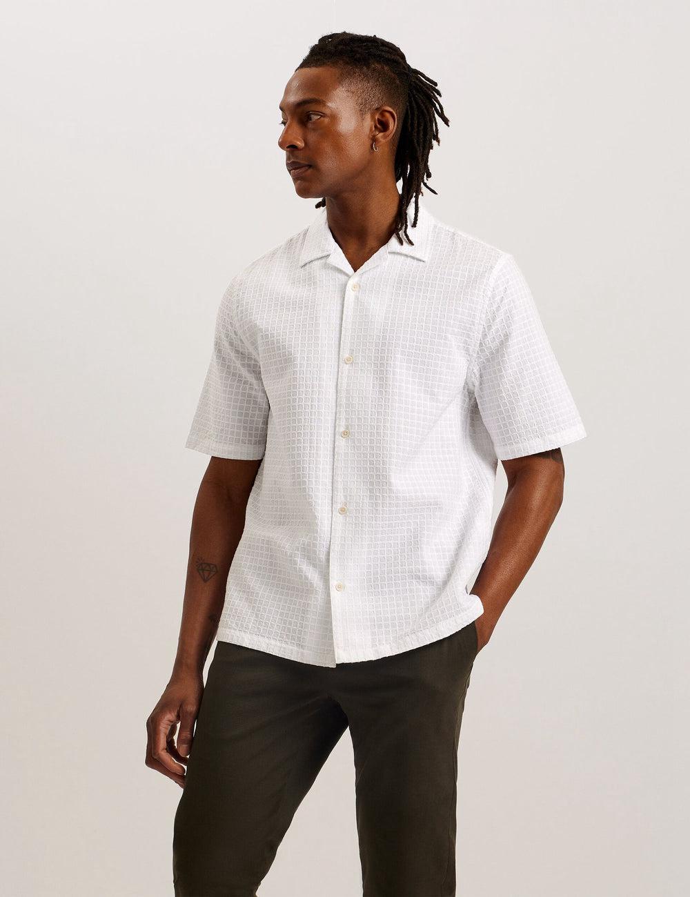 Men Ted Baker OISE - Textured Grid Cotton Short Sleeve Casual Shirts White | Egypt  HRWQF-1783