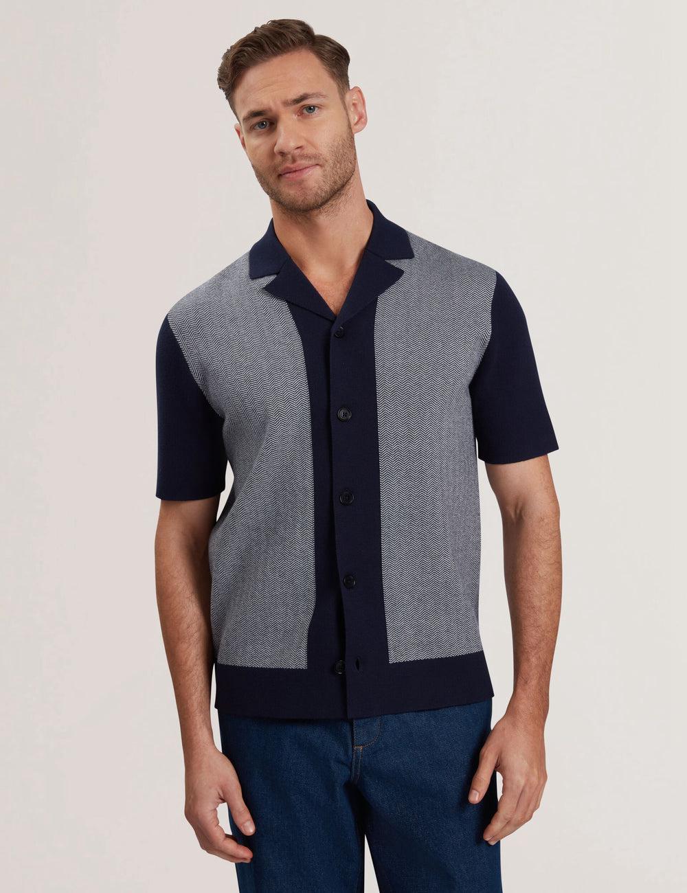 Men Ted Baker PADRIG - Herringbone Knit Colour Block Short Sleeve Casual Shirts Navy | Egypt  AXGUH-0861