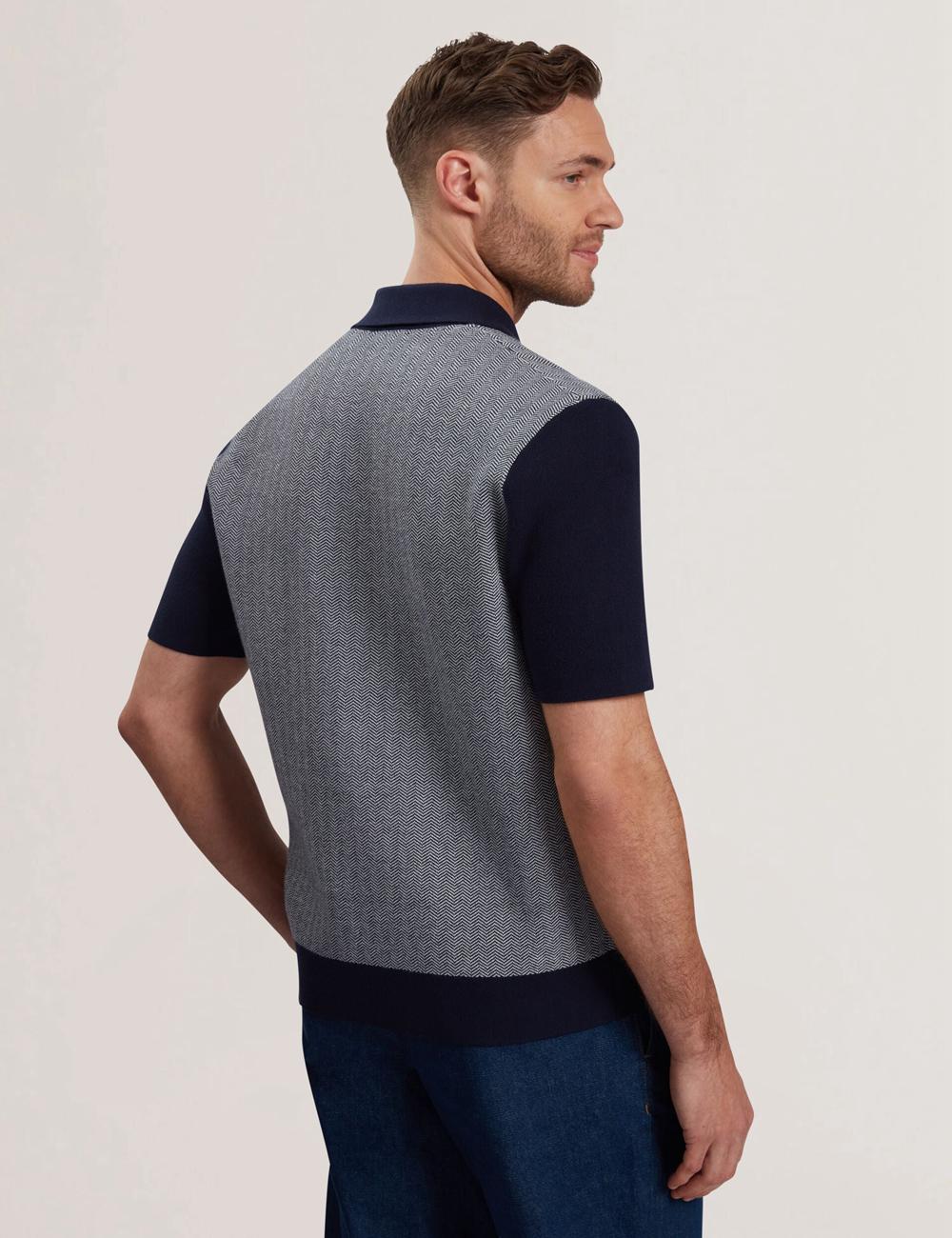 Men Ted Baker PADRIG - Herringbone Knit Colour Block Short Sleeve Casual Shirts Navy | Egypt  AXGUH-0861