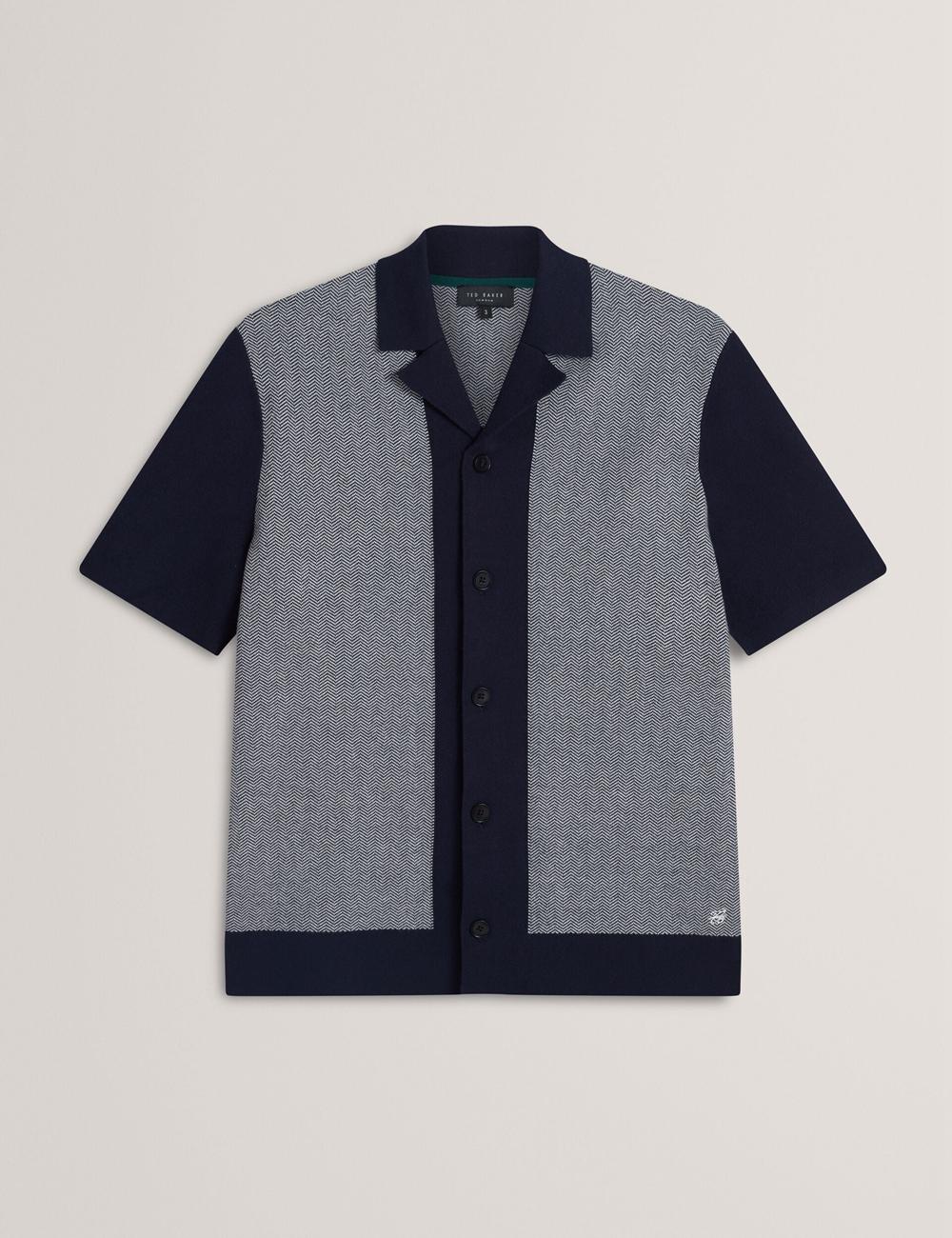 Men Ted Baker PADRIG - Herringbone Knit Colour Block Short Sleeve Casual Shirts Navy | Egypt  AXGUH-0861