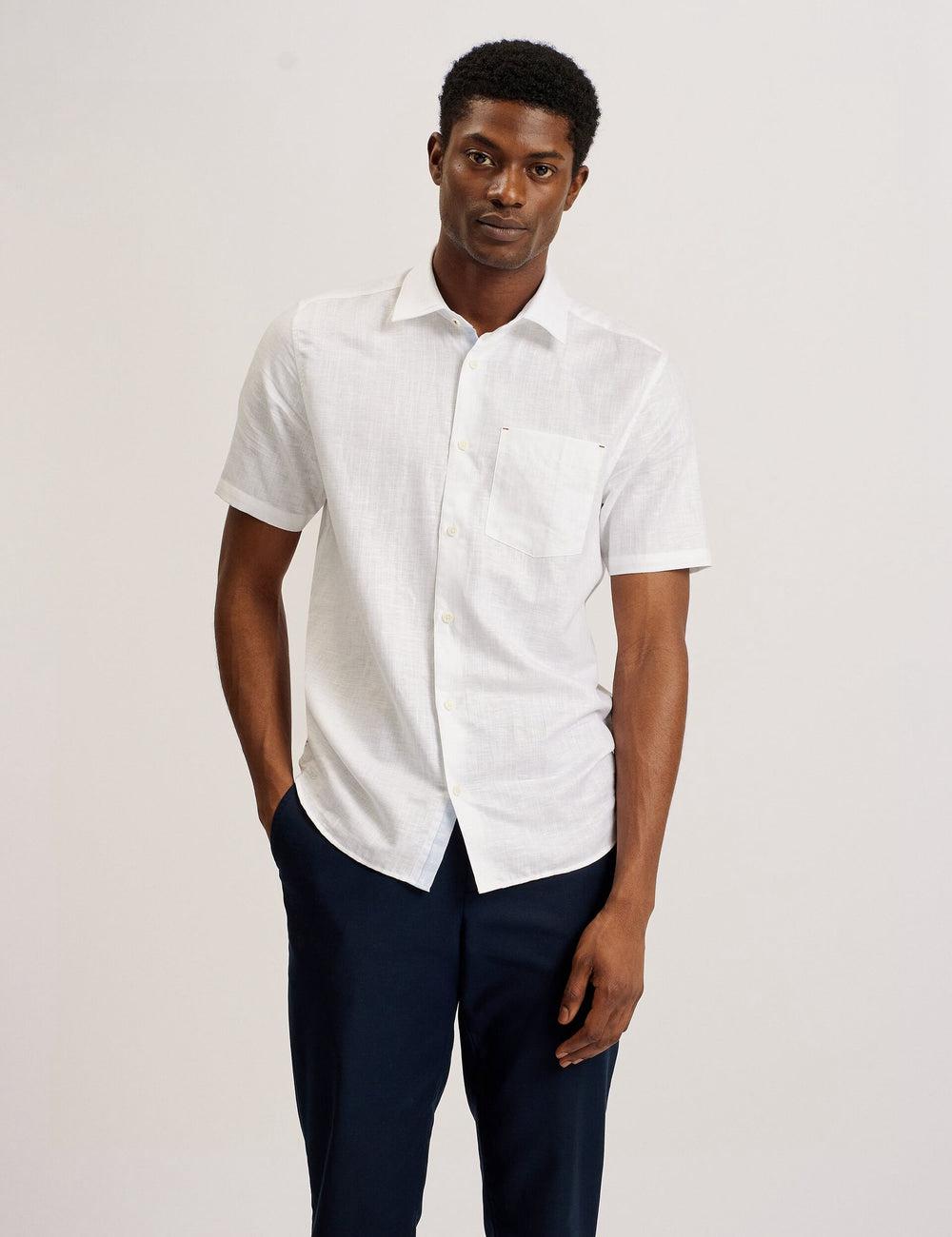 Men Ted Baker PALOMAS - Short Sleeve Textured Linen Cotton Casual Shirts White | Egypt  QDNSR-4879
