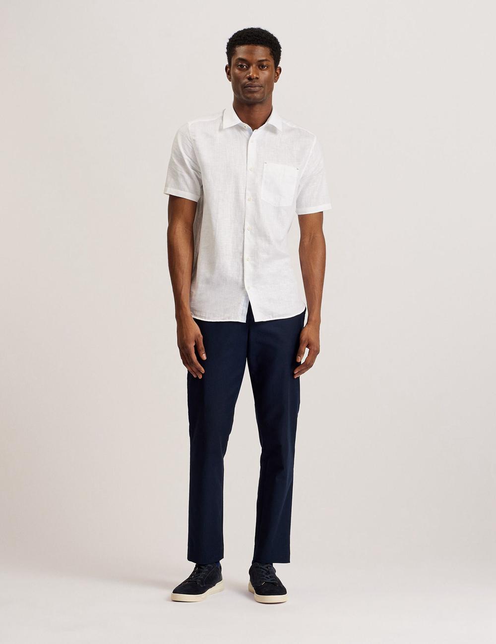Men Ted Baker PALOMAS - Short Sleeve Textured Linen Cotton Casual Shirts White | Egypt  QDNSR-4879
