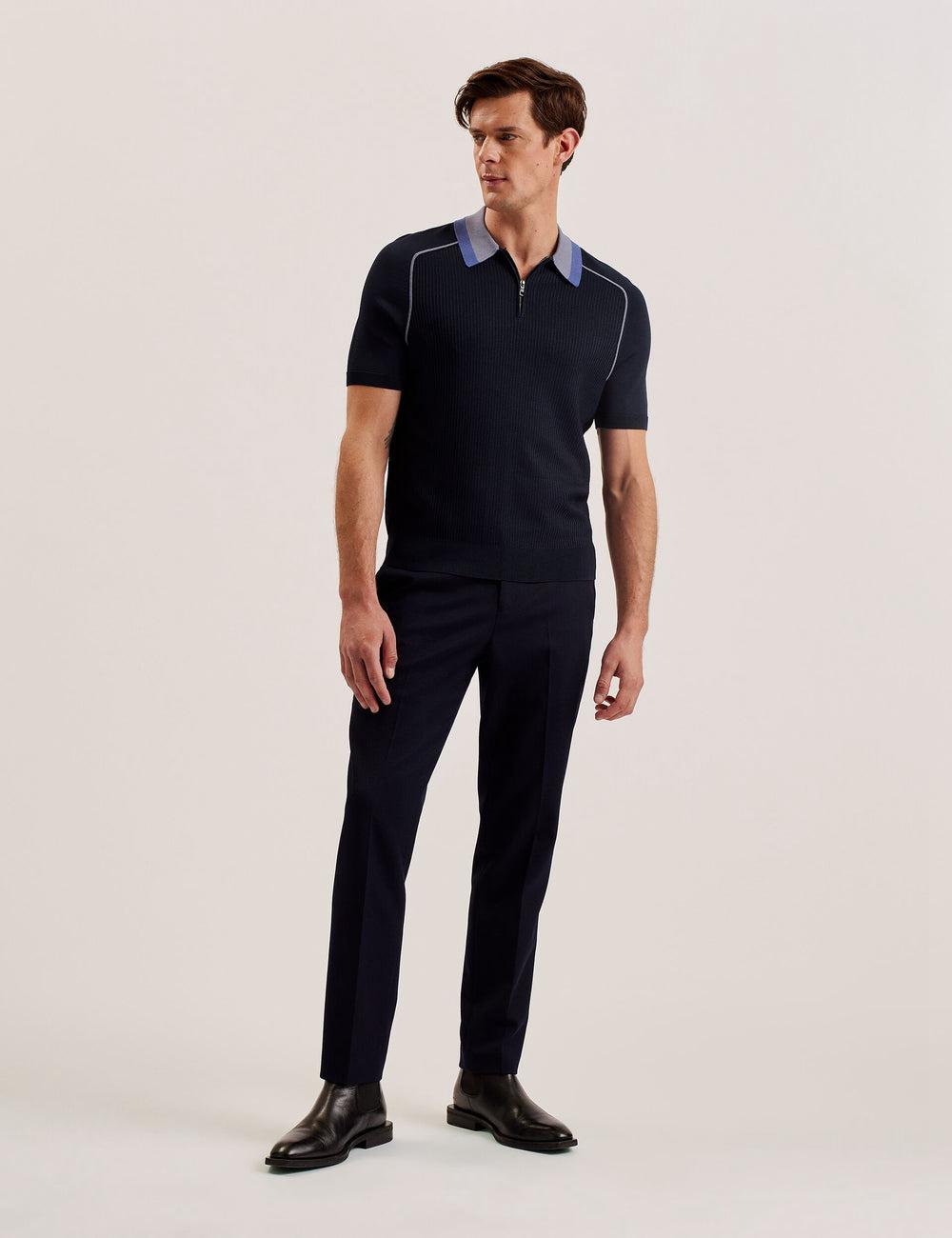 Men Ted Baker PAXTO - Textured Zip With Striped Collar Polos Shirts Navy | Egypt  FCTAR-3486