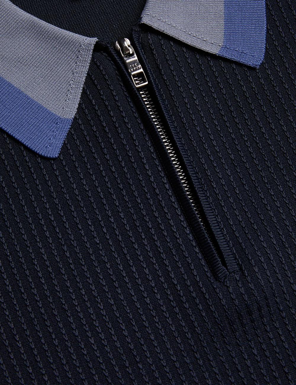 Men Ted Baker PAXTO - Textured Zip With Striped Collar Polos Shirts Navy | Egypt  FCTAR-3486