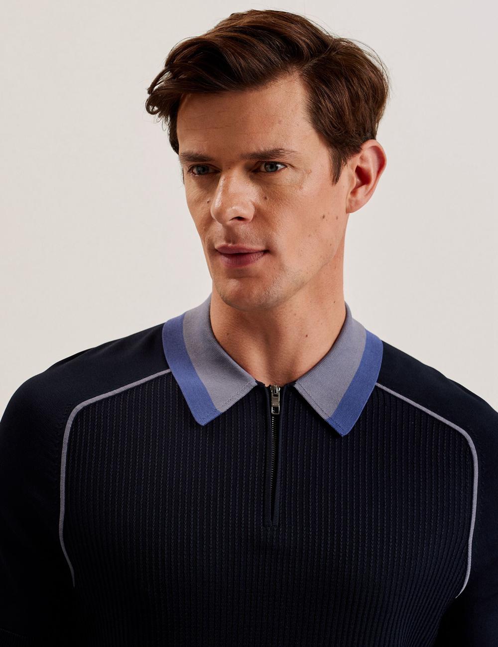 Men Ted Baker PAXTO - Textured Zip With Striped Collar Polos Shirts Navy | Egypt  FCTAR-3486