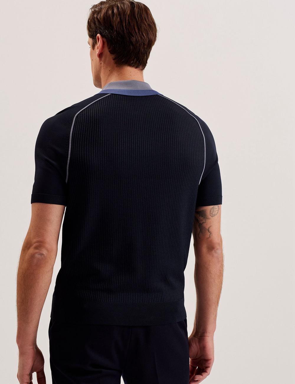 Men Ted Baker PAXTO - Textured Zip With Striped Collar Polos Shirts Navy | Egypt  FCTAR-3486